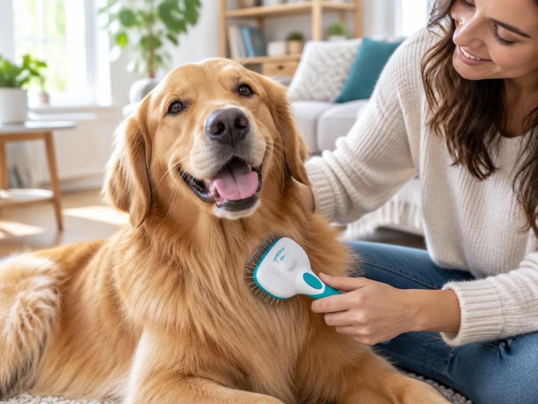 Tutora escovando um cão golden retriever sorridente com a escova 3 em 1 em casa
