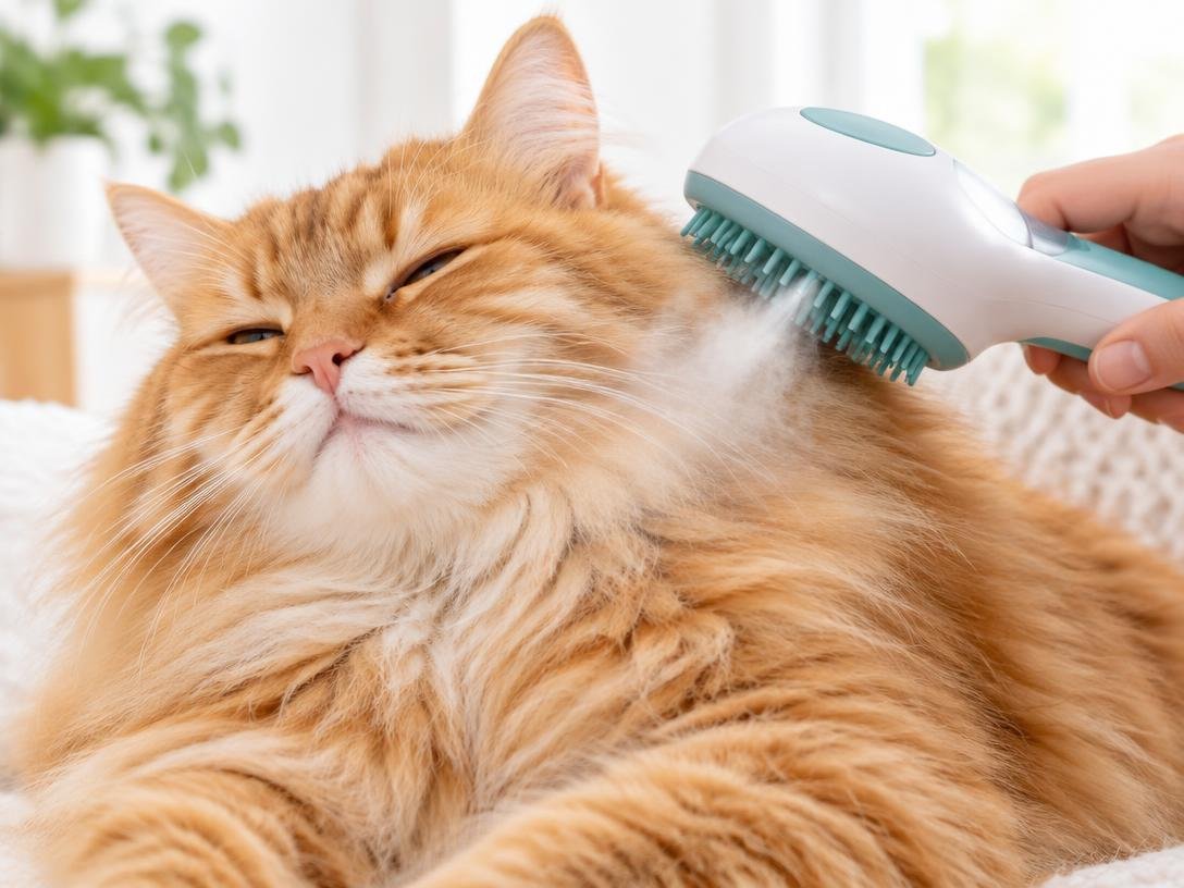 Gato laranja relaxado recebendo escovação com vapor suave da escova 3 em 1