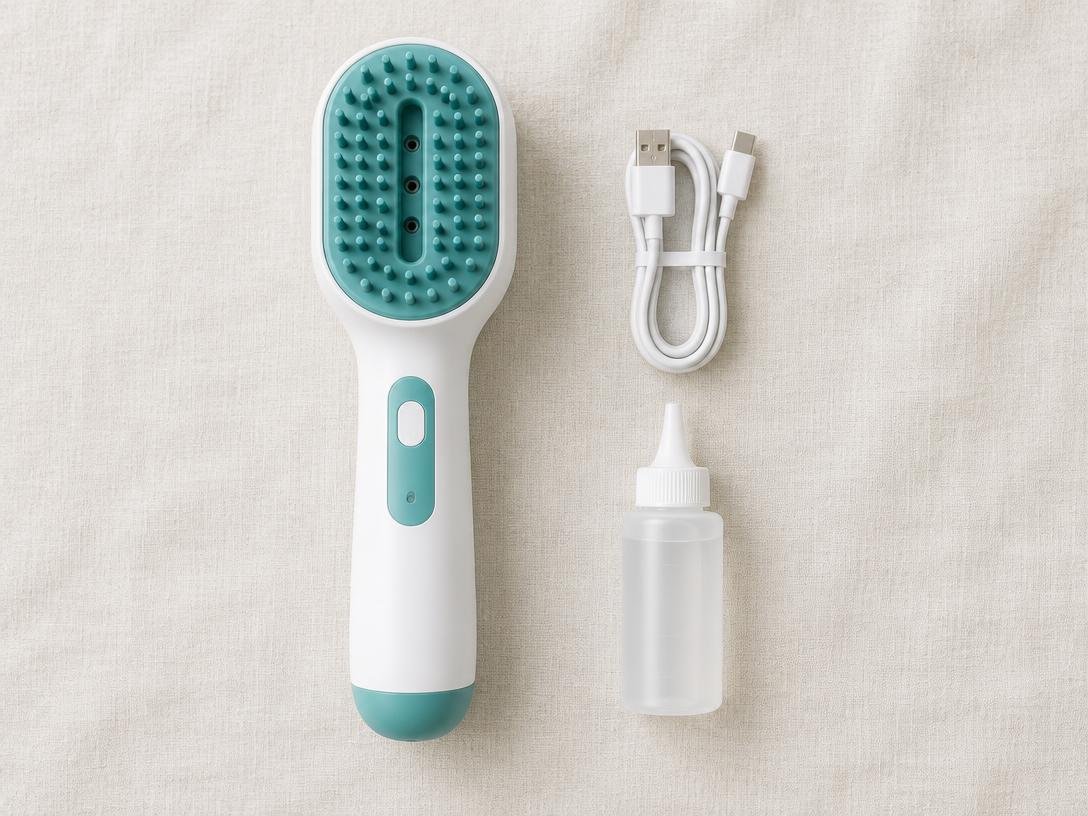 Escova 3 em 1 para pets ao lado do cabo de carregamento USB e do frasco de água, vistos de cima